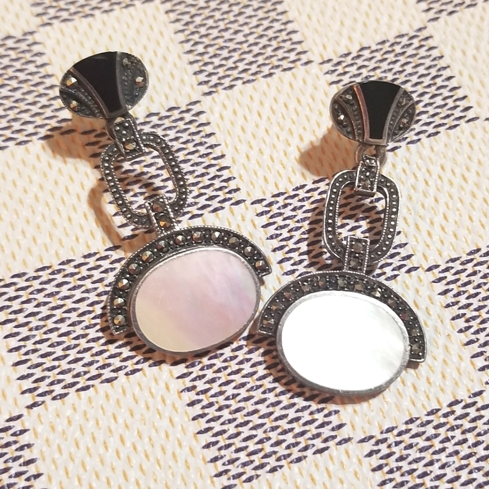 Designer signed Vintage Deco Style Sterling MOP Marcasite Onyx Earrings - Picture 7 of 8